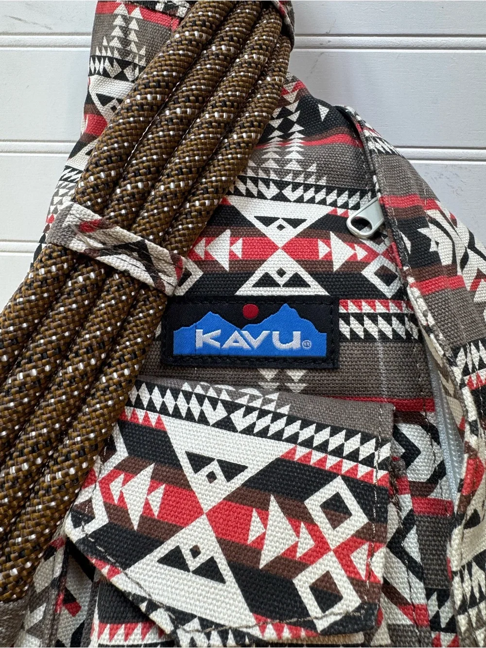 Kavu Tribal/Aztec Rope Sling Bag in Gray/Brown, Red, Cream